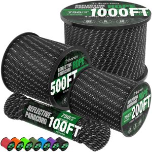 Reflective Paracord Rope 750 lb - 50ft 5/32" Parachute Cord 4MM 12-Strand para Cord - Heavy Duty Spool String for Survival,Camping Gear, Survival Bracelet, Clothesline - Black